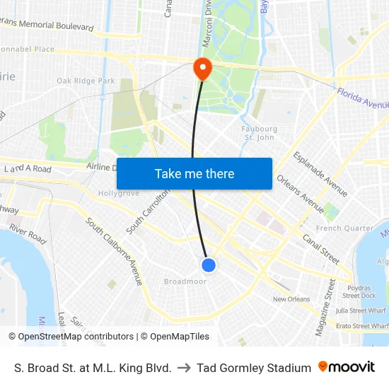 S. Broad St. at M.L. King Blvd. to Tad Gormley Stadium map