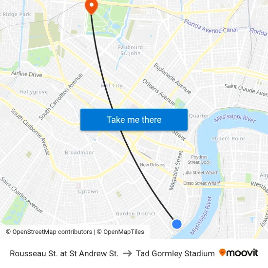 Rousseau St. at St Andrew St. to Tad Gormley Stadium map