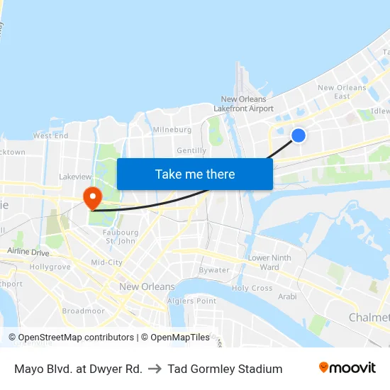 Mayo Blvd. at Dwyer Rd. to Tad Gormley Stadium map