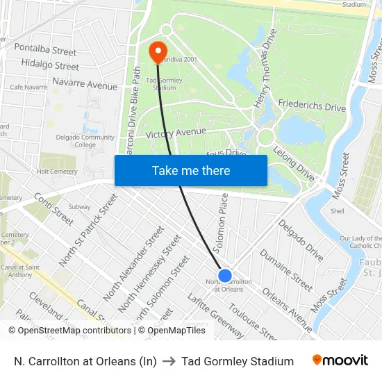 N. Carrollton at Orleans (In) to Tad Gormley Stadium map