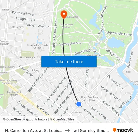 N. Carrollton Ave. at St Louis St. to Tad Gormley Stadium map