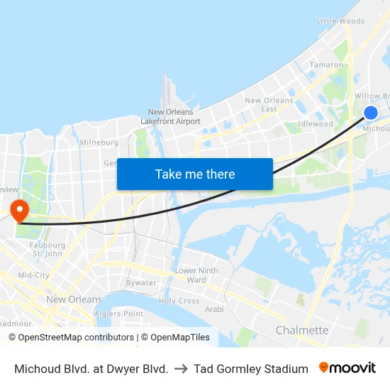 Michoud Blvd. at Dwyer Blvd. to Tad Gormley Stadium map