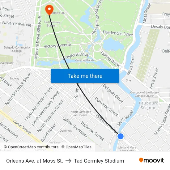 Orleans Ave. at Moss St. to Tad Gormley Stadium map