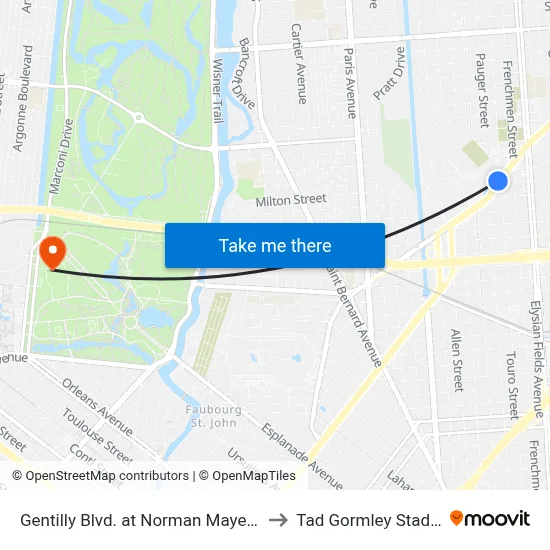 Gentilly Blvd. at Norman Mayer Ave. to Tad Gormley Stadium map