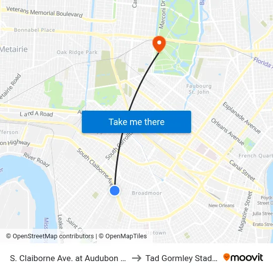 S. Claiborne Ave. at Audubon Blvd. to Tad Gormley Stadium map