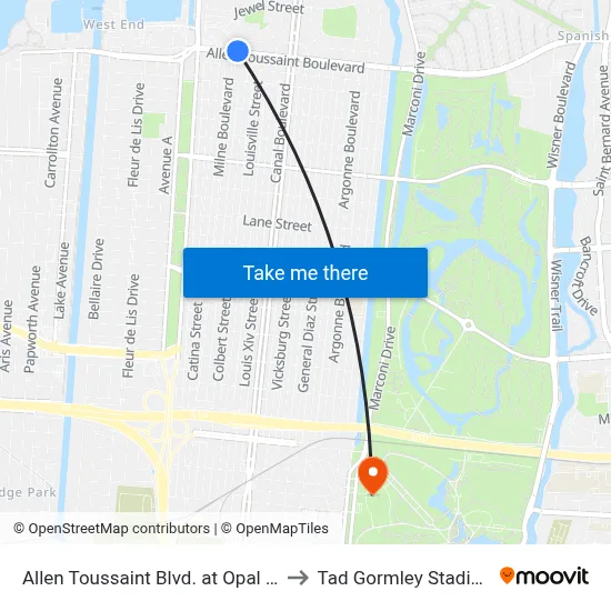 Allen Toussaint Blvd. at Opal St. to Tad Gormley Stadium map