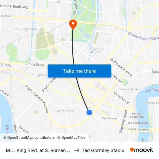 M.L. King Blvd. at S. Roman St. to Tad Gormley Stadium map