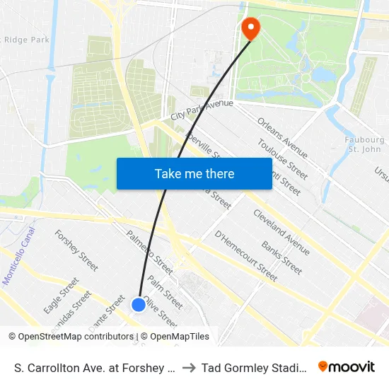 S. Carrollton Ave. at Forshey St. to Tad Gormley Stadium map