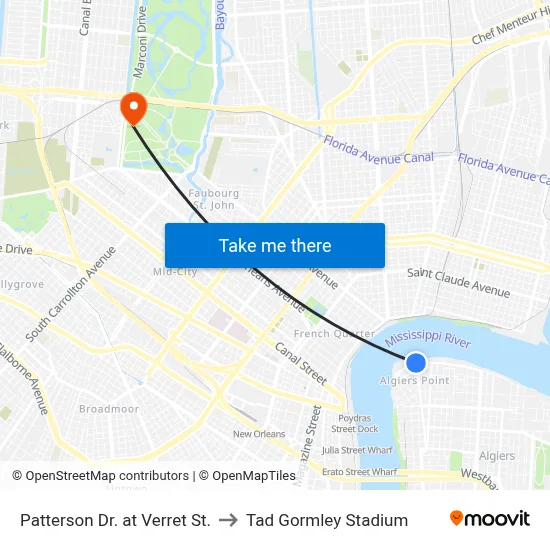 Patterson Dr. at Verret St. to Tad Gormley Stadium map