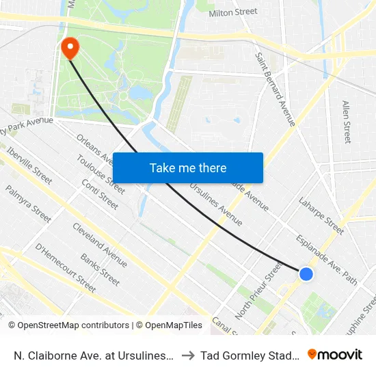 N. Claiborne Ave. at Ursulines Ave. to Tad Gormley Stadium map