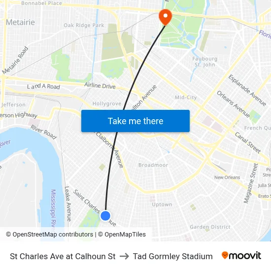 St Charles Ave at Calhoun St to Tad Gormley Stadium map