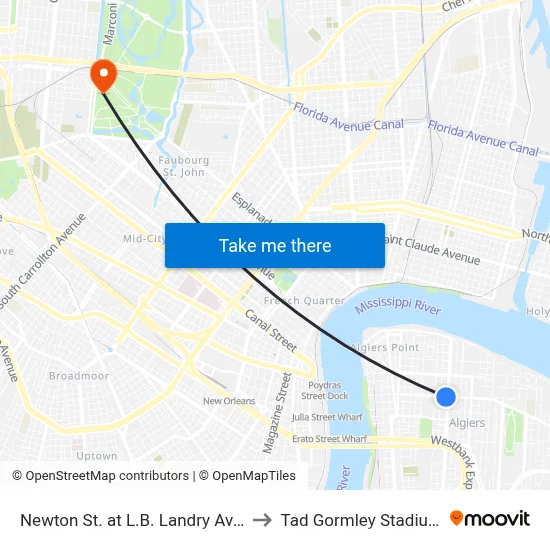 Newton St. at L.B. Landry Ave. to Tad Gormley Stadium map