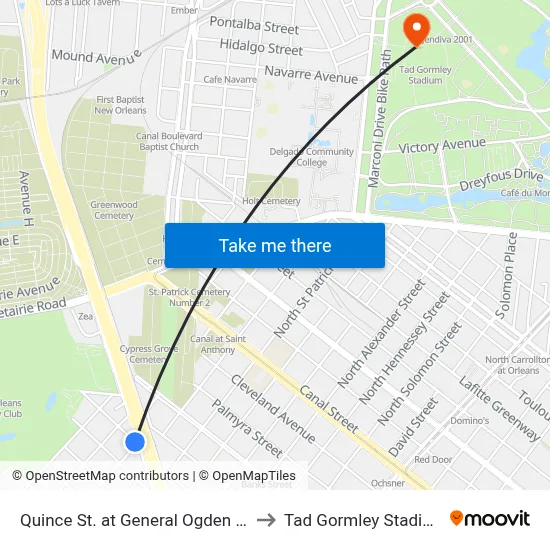 Quince St. at General Ogden St. to Tad Gormley Stadium map