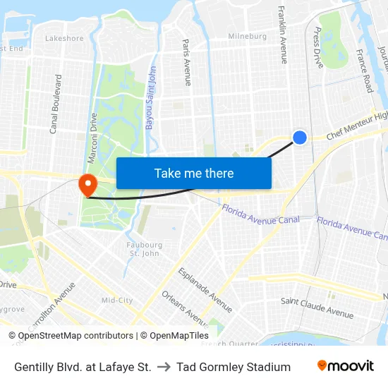 Gentilly Blvd. at Lafaye St. to Tad Gormley Stadium map