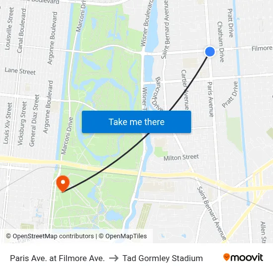 Paris Ave. at Filmore Ave. to Tad Gormley Stadium map