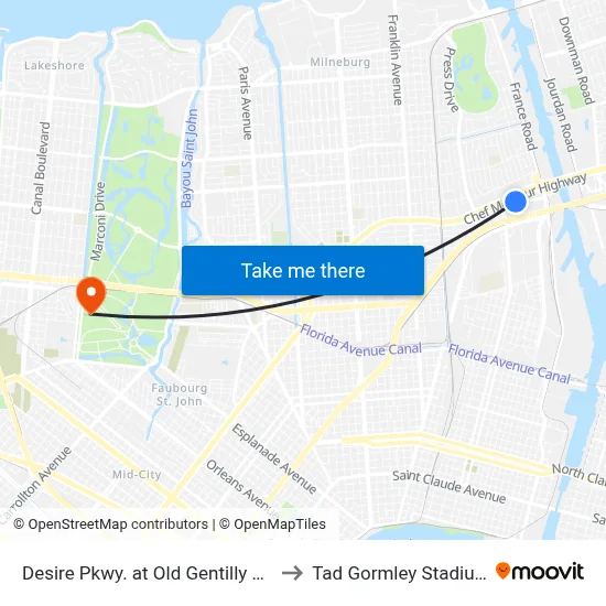 Desire Pkwy. at Old Gentilly Rd. to Tad Gormley Stadium map