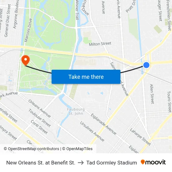 New Orleans St. at Benefit St. to Tad Gormley Stadium map