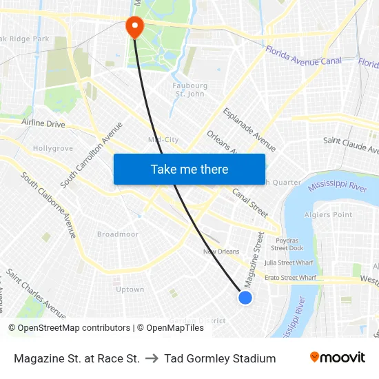 Magazine St. at Race St. to Tad Gormley Stadium map