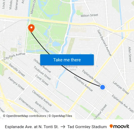 Esplanade Ave. at N. Tonti St. to Tad Gormley Stadium map