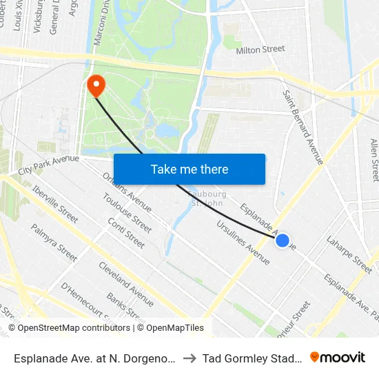 Esplanade Ave. at N. Dorgenois St. to Tad Gormley Stadium map