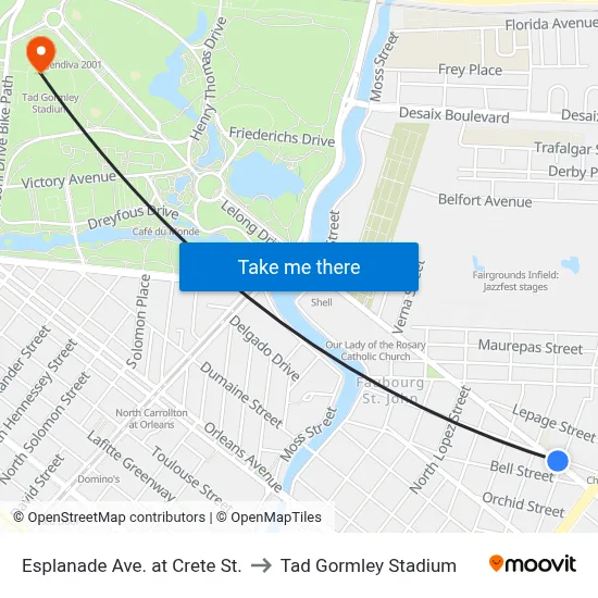 Esplanade Ave. at Crete St. to Tad Gormley Stadium map