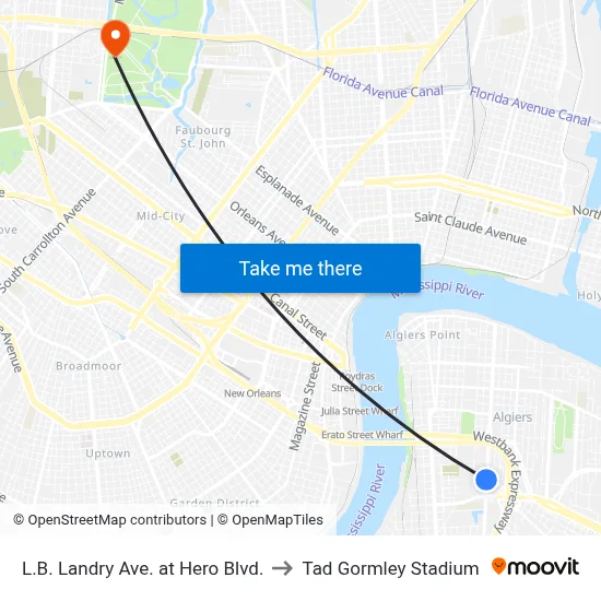 L.B. Landry Ave. at Hero Blvd. to Tad Gormley Stadium map