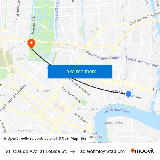 St. Claude Ave. at Louisa St. to Tad Gormley Stadium map