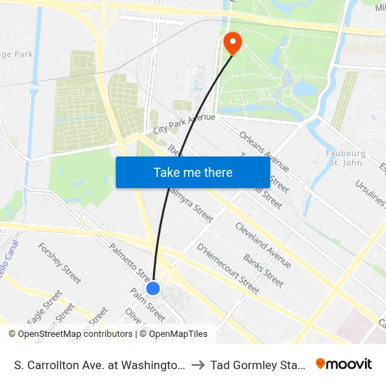 S. Carrollton Ave. at Washington Ave. to Tad Gormley Stadium map