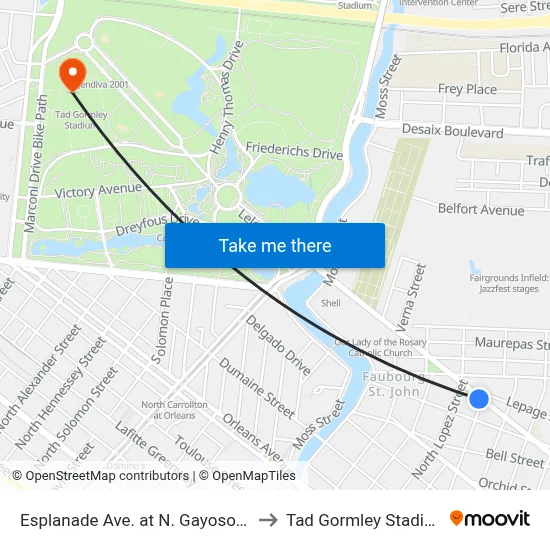 Esplanade Ave. at N. Gayoso St. to Tad Gormley Stadium map