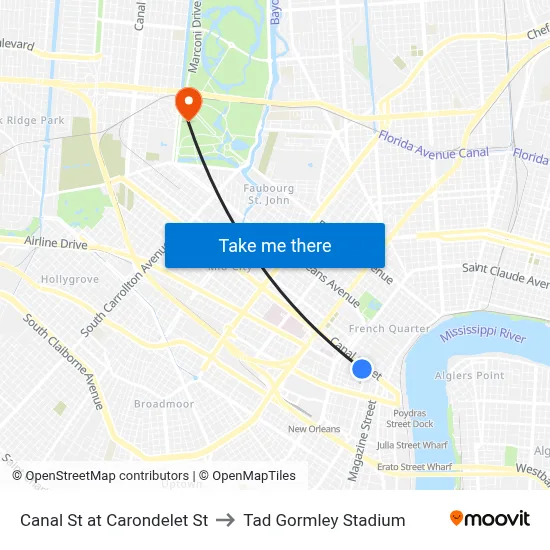 Canal St at Carondelet St to Tad Gormley Stadium map