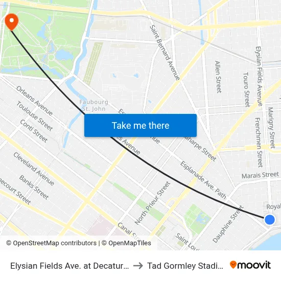 Elysian Fields Ave. at Decatur St. to Tad Gormley Stadium map