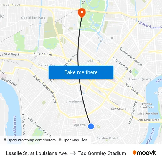Lasalle St. at Louisiana Ave. to Tad Gormley Stadium map