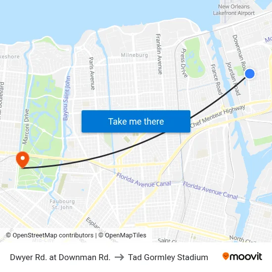 Dwyer Rd. at Downman Rd. to Tad Gormley Stadium map