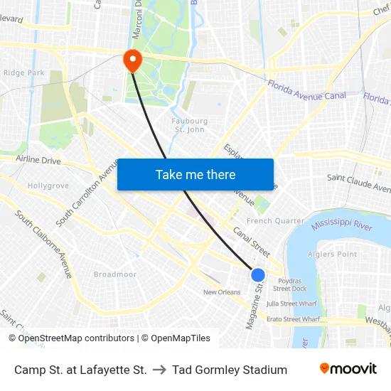 Camp St. at Lafayette St. to Tad Gormley Stadium map