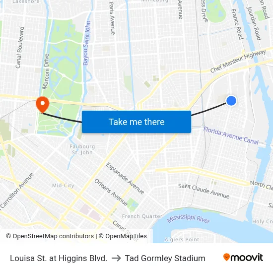 Louisa St. at Higgins Blvd. to Tad Gormley Stadium map