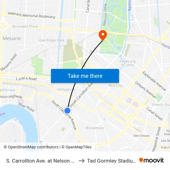 S. Carrollton Ave. at Nelson St. to Tad Gormley Stadium map