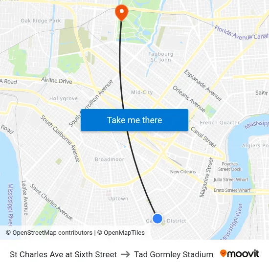 St Charles Ave at Sixth Street to Tad Gormley Stadium map