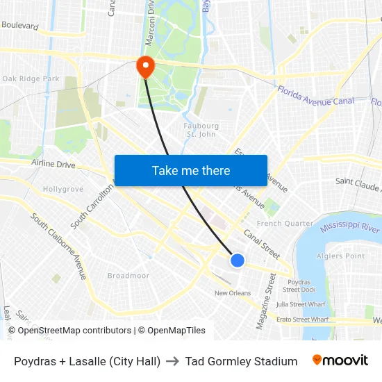 Poydras + Lasalle (City Hall) to Tad Gormley Stadium map