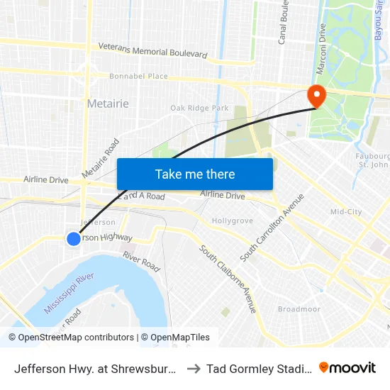 Jefferson Hwy. at Shrewsbury Rd. to Tad Gormley Stadium map