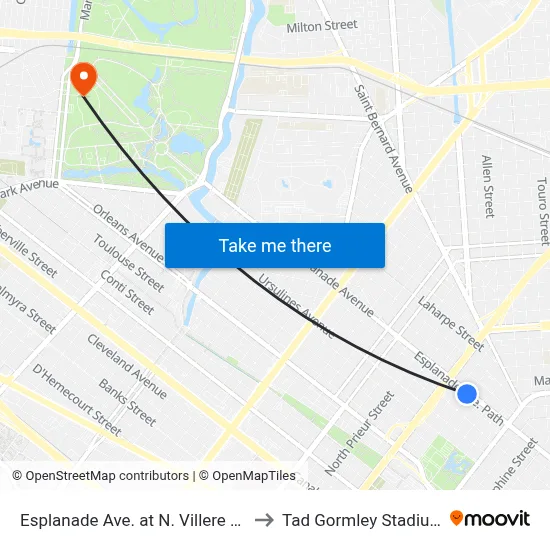 Esplanade Ave. at N. Villere St. to Tad Gormley Stadium map
