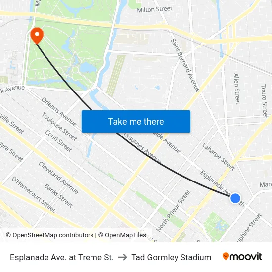Esplanade Ave. at Treme St. to Tad Gormley Stadium map