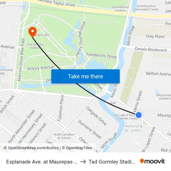 Esplanade Ave. at Maurepas St. to Tad Gormley Stadium map