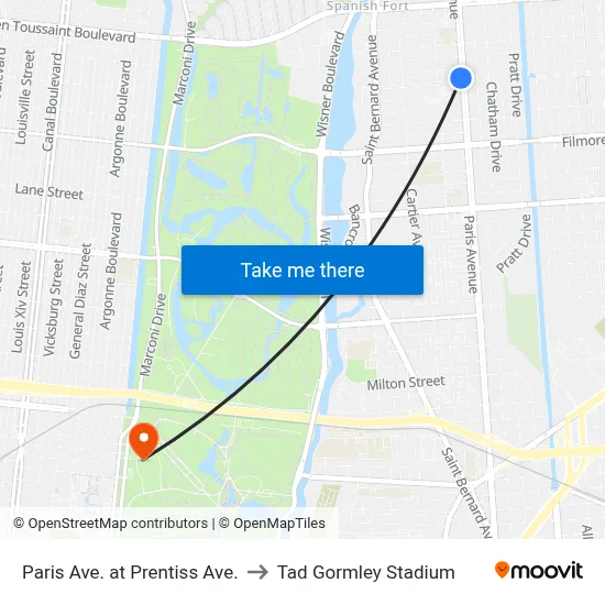 Paris Ave. at Prentiss Ave. to Tad Gormley Stadium map