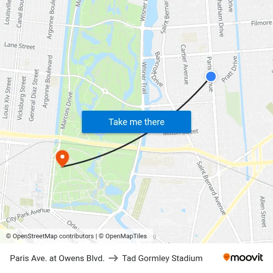 Paris Ave. at Owens Blvd. to Tad Gormley Stadium map