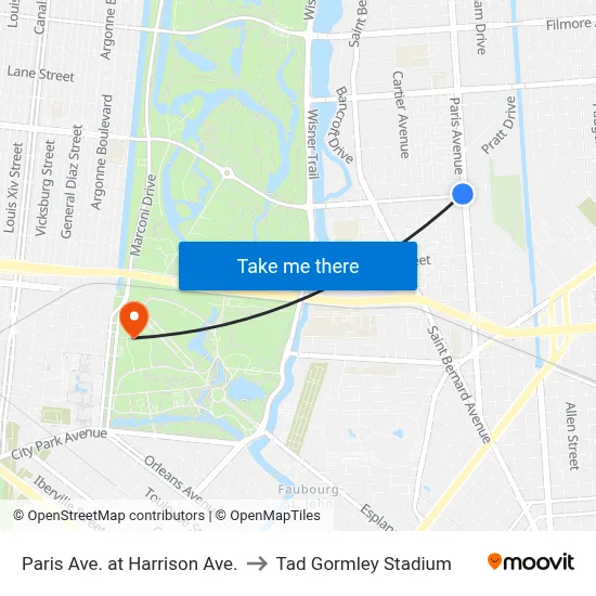 Paris Ave. at Harrison Ave. to Tad Gormley Stadium map