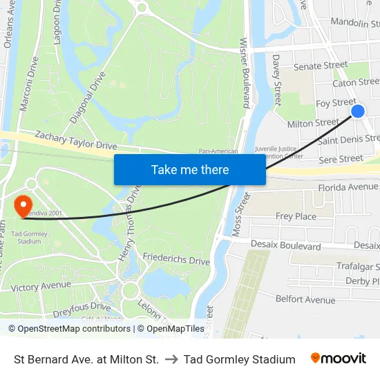 St Bernard Ave. at Milton St. to Tad Gormley Stadium map