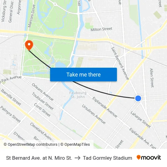 St Bernard Ave. at N. Miro St. to Tad Gormley Stadium map