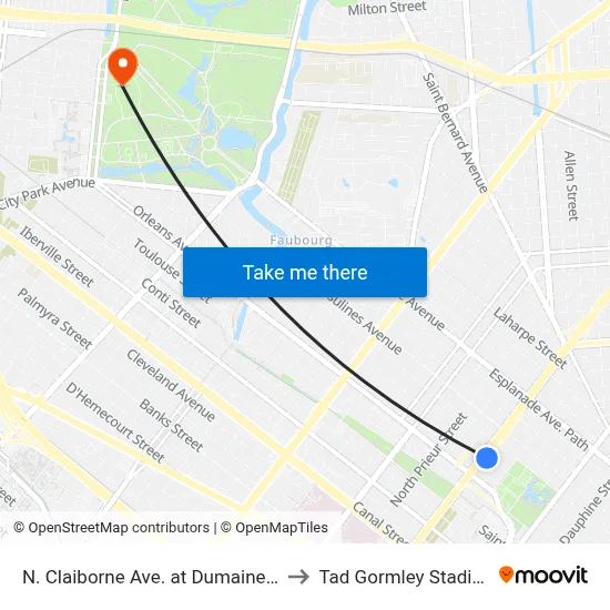 N. Claiborne Ave. at Dumaine St. to Tad Gormley Stadium map