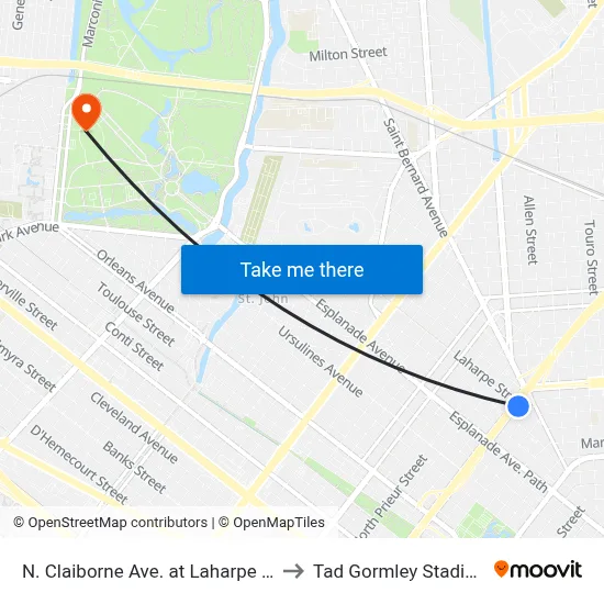 N. Claiborne Ave. at Laharpe St. to Tad Gormley Stadium map