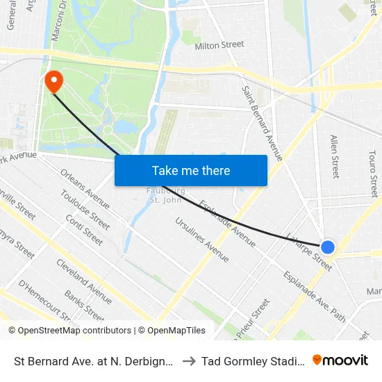 St Bernard Ave. at N. Derbigny St. to Tad Gormley Stadium map
